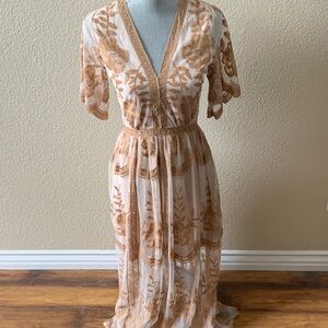 Whimsical Boho Chic Floral Maxi Dress in Cream and Brown